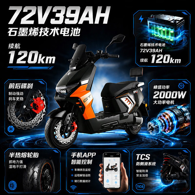 今日必买：五星钻豹 电动摩托车X9长续航 &电动车72V39AH石墨烯 &2000W大功率高速电摩 &智能半热熔胎