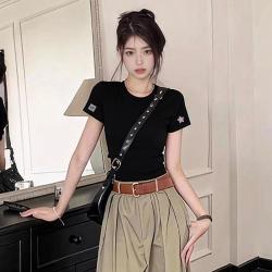 回力 正肩圆领短袖修身百搭运动上衣t恤女款夏季紧身半袖