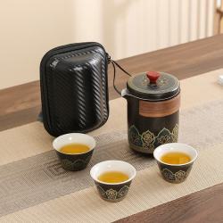 茉舟 旅行茶具套装 陶瓷快客杯 一壶三杯 黑色