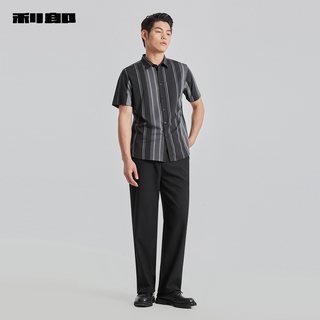 利郎 男士短袖衬衫 黑灰条纹 微弹 商务休闲