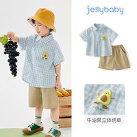 JELLYBABY 男童格纹翻领短袖衬衫短裤套装 绿色格 130