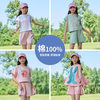 笛牧 童装2026女童夏季新款甜美洋气百搭休闲圆领儿童短袖卫衣套装