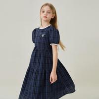 ELLE kids 女童法式英伦学院风格纹连衣裙夏季泡泡袖木耳边纯棉A字大摆裙
