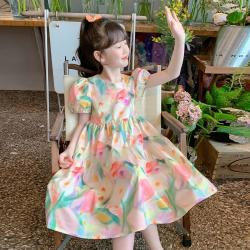 迪士尼 女童梦幻多巴胺公主裙26夏季新款儿童泡泡袖碎花裙子米妮连衣裙