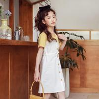 富罗迷 女童连衣裙夏季韩版时尚百搭条纹拼接假两件A字裙