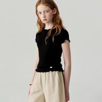 ELLE kids 木耳边基础百搭女童短袖T恤夏季新款休闲莱赛尔垂感打底上衣