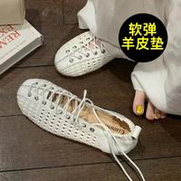 卡美多 复古绑带编织镂空系带玛丽珍平底芭蕾单鞋罗马凉鞋