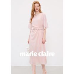 Marie Claire 法式浪漫减龄粉色收腰连衣裙夏季新款洋气中长裙