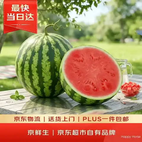 力度升级！脆甜多汁、爆卖补货：京鲜生 无籽麒麟大西瓜 净重10-14斤（可搭配哈密瓜、巨峰葡萄、芭乐等）