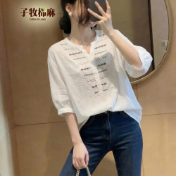 子牧棉麻 2026夏装 法式刺绣正肩短袖T恤 白色