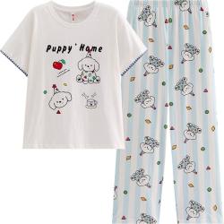 芬腾 女士纯棉短袖条纹长裤家居服套装