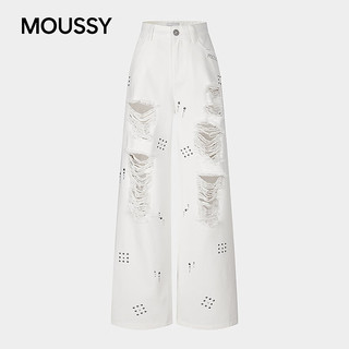 MOUSSY 摩西 复古辣妹风烫钻破洞阔腿牛仔裤
