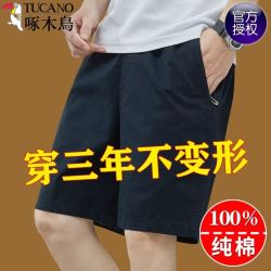 啄木鸟 100%纯棉夏季款外穿宽松五分休闲西装短裤男士中裤子男夏天 黑色 XL