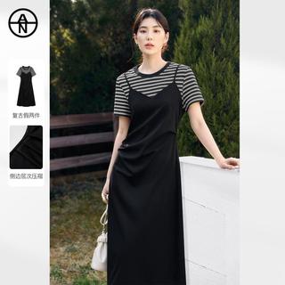 对白 夏装条纹拼接假两件女式连衣裙