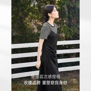 对白 夏装条纹拼接假两件女式连衣裙