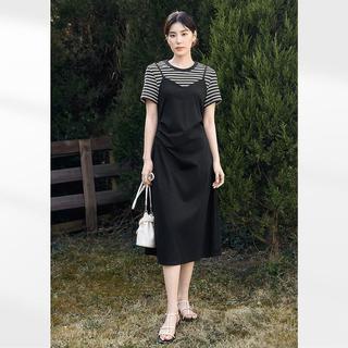 对白 夏装条纹拼接假两件女式连衣裙