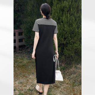 对白 夏装条纹拼接假两件女式连衣裙