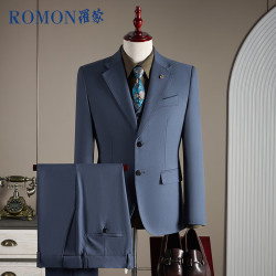 罗蒙 西服套装男修身职业正装礼服羊毛外套灰蓝2XL