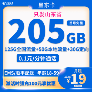 中国电信 山东省卡19元205G全国流量不限速