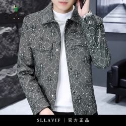 萨拉维夫 春秋季夹克男格子高端帅气翻领外套休闲百搭短款风衣青年 灰色 M