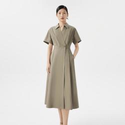 朗姿 夏款v领收腰衬衫裙短袖气质a字中长款连衣裙女线下商场同款