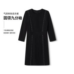 哥弟GIRDEAR 哥弟 黑色圆领九分袖修身气质通勤连衣裙 女装