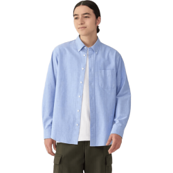 無印良品 MUJI 男式 水洗牛津纽扣领长袖衬衫  萨克森蓝 XL