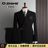千纸鹤 品牌高端男士条纹双排扣西装套装商务正装新郎礼服职场高级感西服 黑色 （西服+马甲+西裤）三件套 M