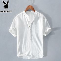 PLAYBOY 含亚麻短袖T恤男士套头夏季亨利领中国风文艺体恤衫白色薄款