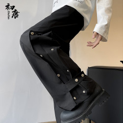 初唐 裤子男微喇工装港风休闲裤春夏季阔腿裤宽松冲锋长裤 黑色  3XL