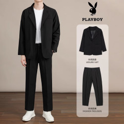 PLAYBOY 商务垂坠感休闲西服套装男宽松韩版夹克夏季正装帅气痞帅西装外套 黑色九分裤套装 S 码 95-115斤