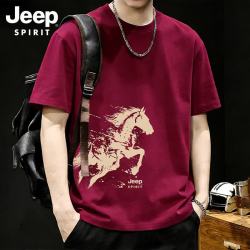 Jeep SPIRIT吉普短袖t恤男夏季重磅马年限定短袖男新年款潮男装 酒红 XL
