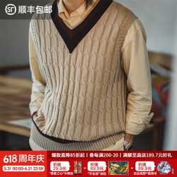 马登 工装 复古lvy针织V领毛衣背心男春季学院风撞色立体绞花无袖马甲  卡其 S