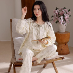 莫代尔 100%纯棉睡衣套装 女士长袖圆领春夏季可外穿家居服 绿色水墨 2026 L