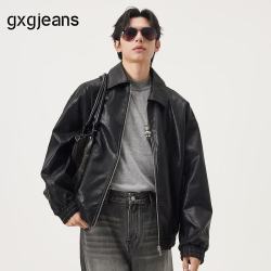 gxgjeans 超值清仓 美式PU皮简约休闲时尚宽松翻领夹克 黑色