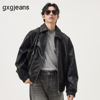 值友专享：gxgjeans 超值清仓 美式PU皮简约休闲时尚宽松翻领夹克 黑色