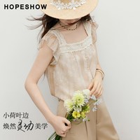 红袖 印花蕾丝拼接荷叶边无袖方领衬衫