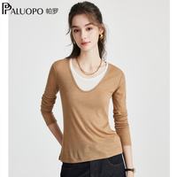 PALUOPO/帕罗 撞色V领假两件针织长袖T恤 女 白色 L