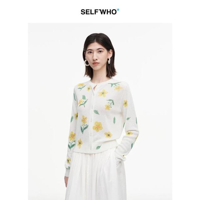 SELFWHO* SELF WHO 亚麻纱线混纺绿绒蒿印花女士针织衫 2026夏季新款短款开衫