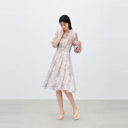 迪赛尼斯 气质优雅木耳边V领花卉连衣裙夏度假风碎花裙女