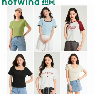 热风 2025年夏装女装修身减龄修身上衣撞色印花短袖女t恤夏