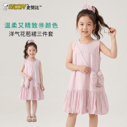 史努比 女童连衣裙夏季2026新款洋气女宝甜美公主裙儿童夏装无袖花苞裙 粉色 105 建议身高91-1