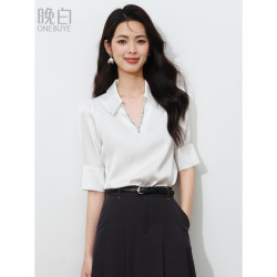 晚白 V领白衬衫 女款 气质短袖上衣