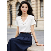 ONEBUYE/晚白 晚白莱尔V领贝壳装饰白T恤 女 米白色 S