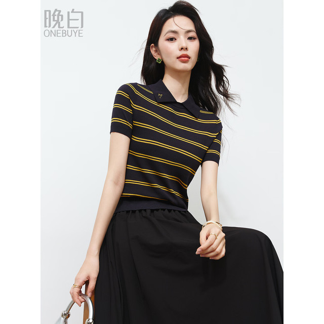 今日必买：晚白 冰丝条纹针织衫 女