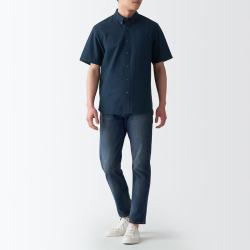 無印良品 MUJI 棉水洗牛津纽扣领短袖衬衫 藏青色 XS