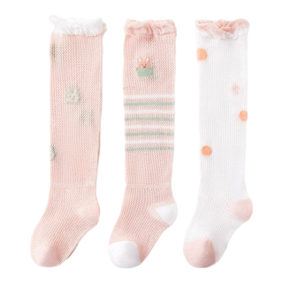 棉奇熊 8128 纯棉网眼防蚊 粉色 3双 M码(12-14cm) 婴儿长筒袜