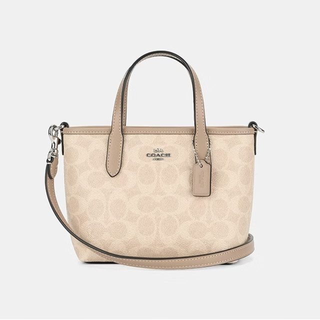 COACH 奥莱女士经典标志CITY迷你托特包单肩斜挎包手提包city15 SV/沙黄色/灰褐色