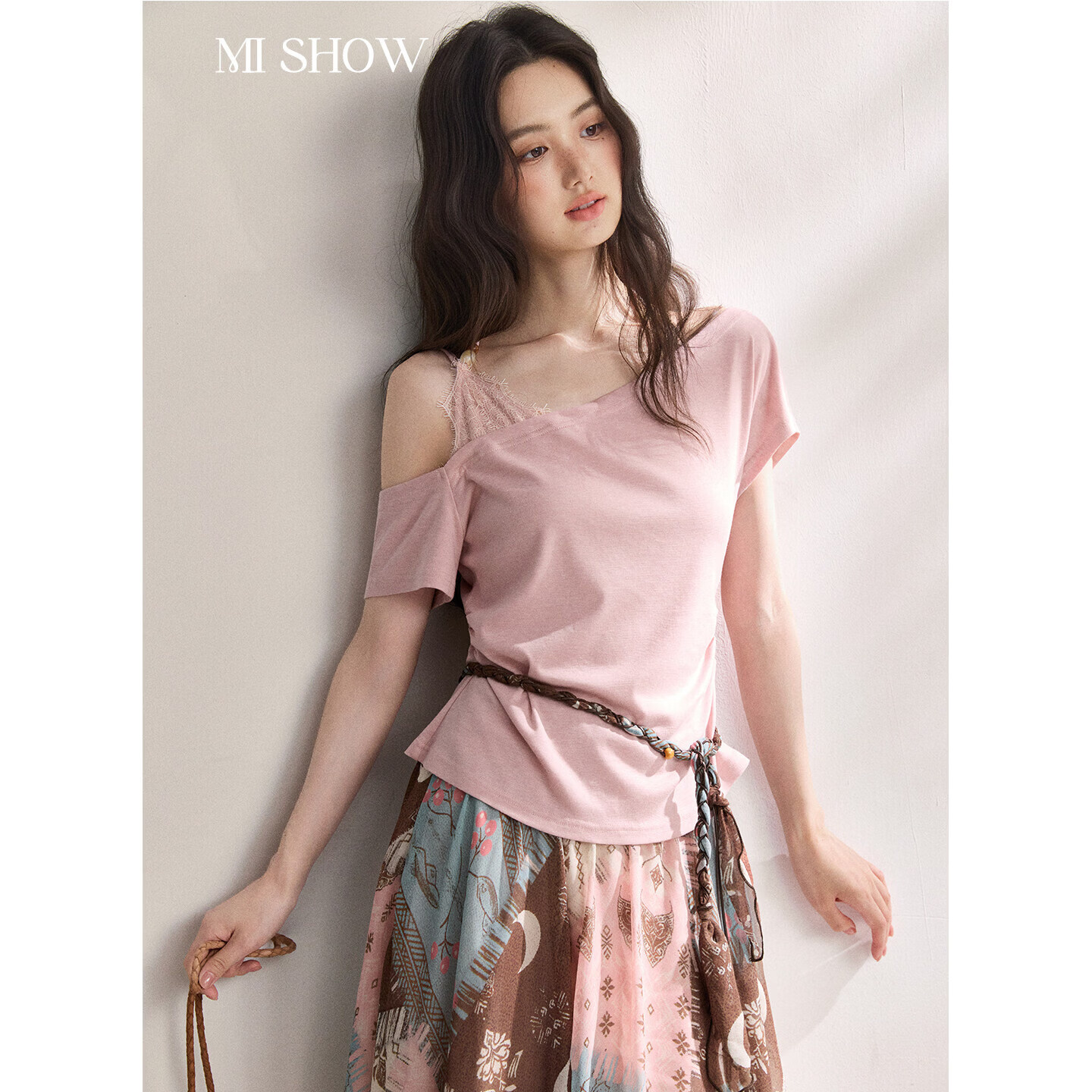 谜秀 设计感花边拼接露肩上衣 女 粉色 S