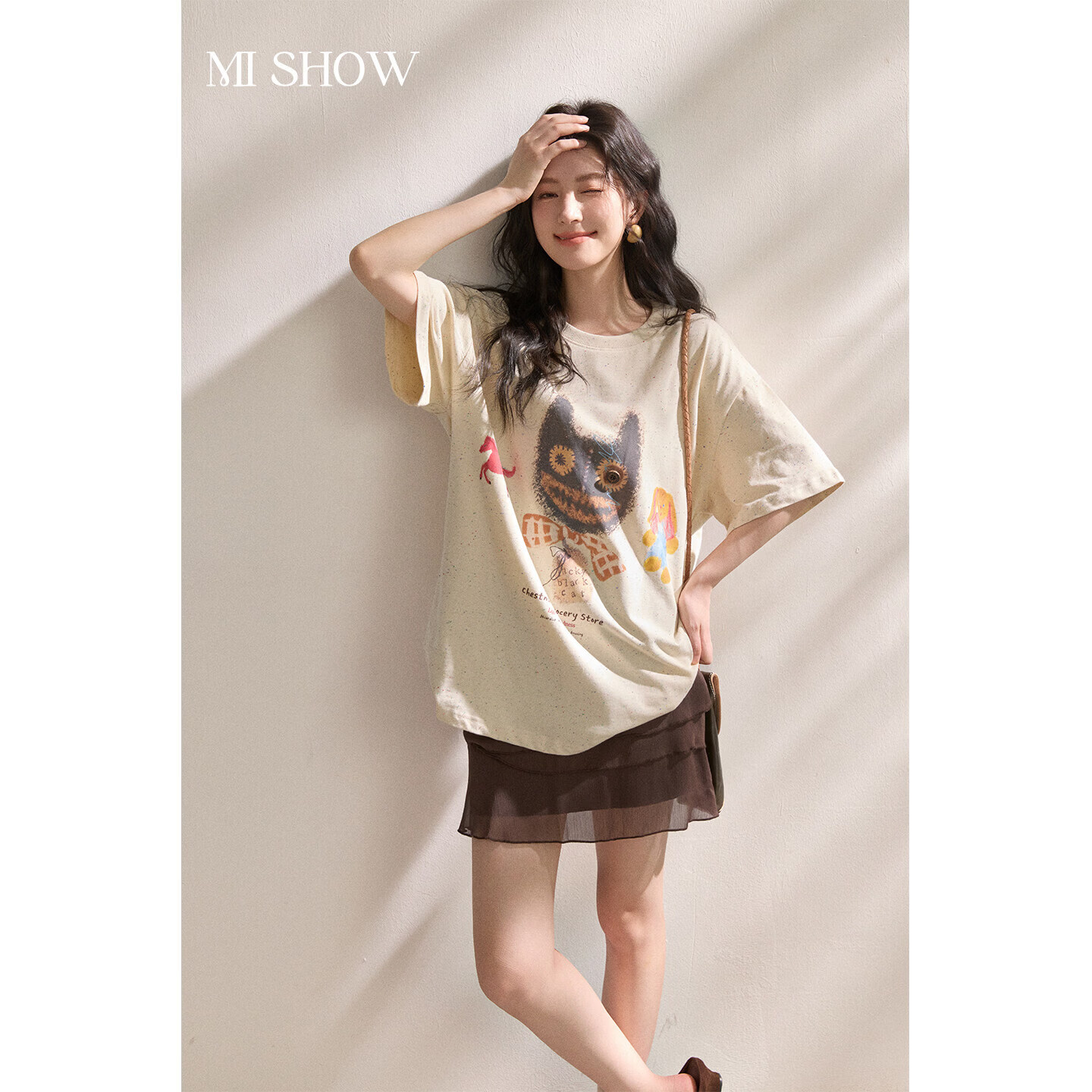 谜秀 搞怪猫咪印花T恤女 杏色 M